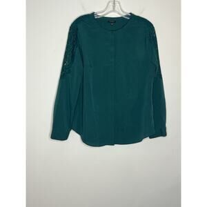 Talbots Women Blouse Large Green Lace Sleeves Button Front Office Career Classic